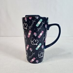 Lady Jayne Travel_Coffee Mug "Nurse Pattern" With Lid 6" Tall in Blue